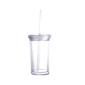 Vaso de plástico transparente 350 con tapa y popotes promocionales, VA-30050