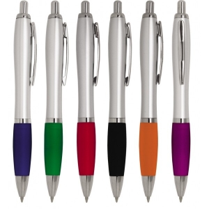 BOLIGRAFO CURVE PLATEADO CON GRIP PLUMA PROMOCIONAL