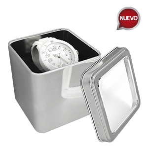 Estuche cuadrado de metal para reloj con tapa translucida