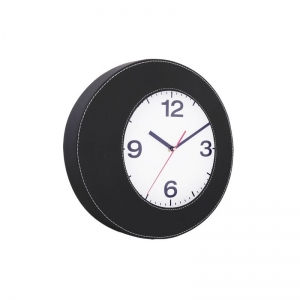 Reloj de pared redondo en curpiel color negro con blanco