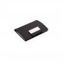 Porta tarjetas metálico con placa de metal y curpiel color negro