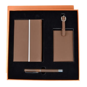 Set palmero de libreta bolígrafo e identificador color café y gris