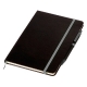 Libreta de pastas rígidas en color negro y detalles de color con bolígrafo