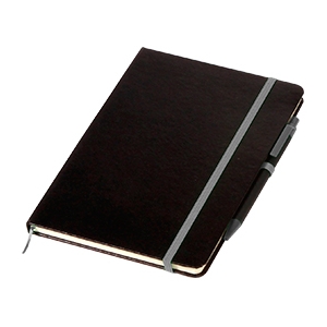 Libreta de pastas rígidas en color negro y detalles de color con bolígrafo