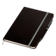 Libreta de pastas rígidas en color negro y detalles de color con bolígrafo