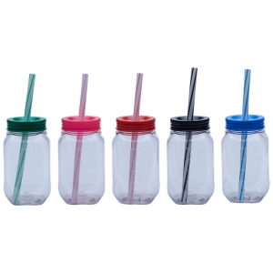 Vaso tipo tarro con popote Drinking 600 ml plástico