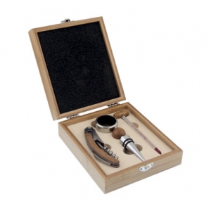 Set de accesorios metálicos para vino en estuche de bambú beige