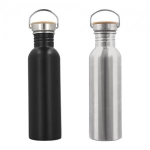 Botella de acero inoxidable con detalle de bambú