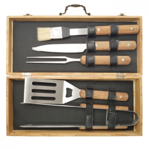 Set de BBQ con estuche de madera y 5 accesorios
