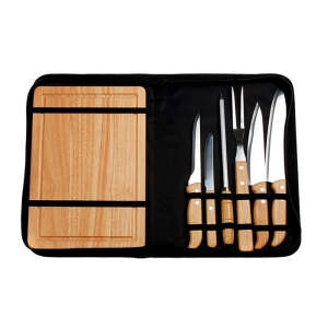 Set BBQ fabricado en acero inoxidable y mangos de roble, incluye 7 piezas