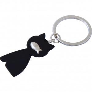Llavero metálico esmaltado con figura de gatito negro con pescado