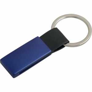 Llavero metálico rectangular en colores con curpiel Color azul con negro