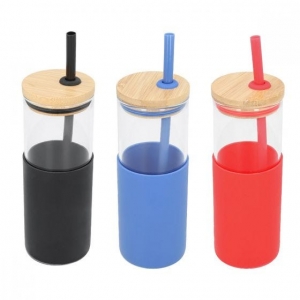 Cilindro ánfora Ibiza de vidrio con base de silicón y popote 500 ml