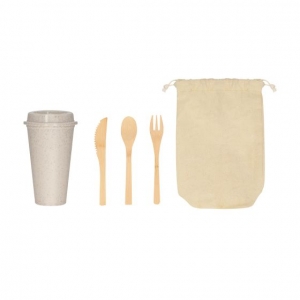 Set de cubiertos ecológicos y vaso de plástico