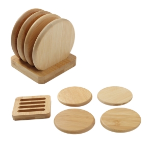 Set de 4 porta vasos en forma circular y base rectangular de bambú