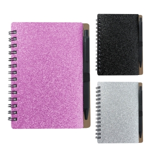 Bonita libreta ecológica con espiral bolígrafo y pasta de brillantina